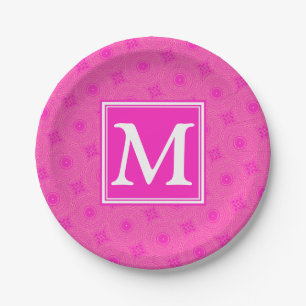 Assiettes En Carton Monogramme motif rose chaud cercles