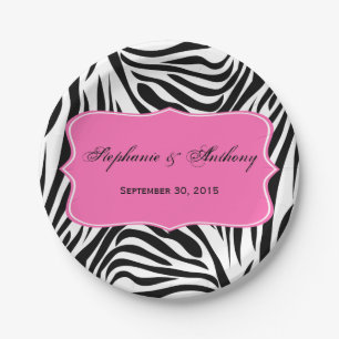Assiettes En Carton Monogramme noir et blanc Zèbre imprimé et rose cha