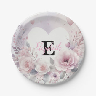 Assiettes En Carton Monogramme nom cœurs floraux aquarelle romantique