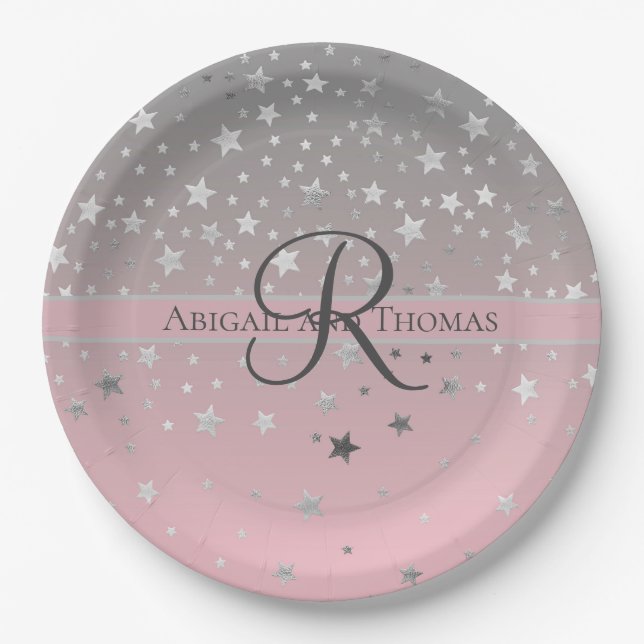 Assiettes En Carton Monogramme Nom rose Gris argenté étoiles Mariage (Devant)