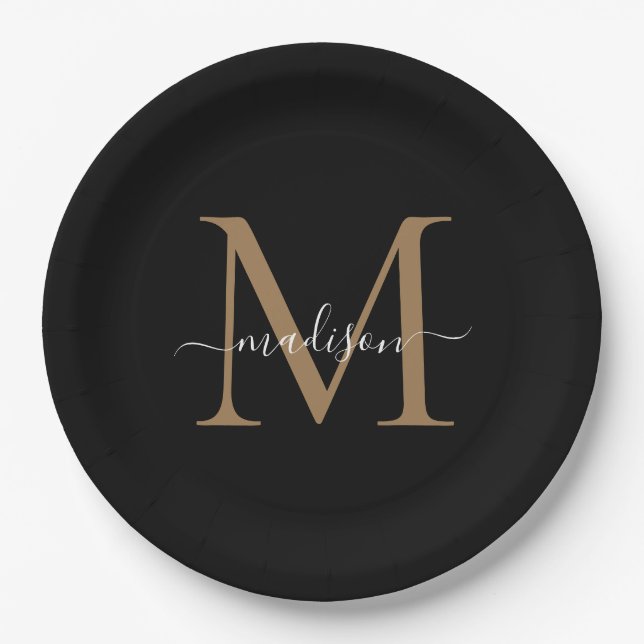Assiettes En Carton Monogramme Or Classique Noir Nom Script Moderne (Devant)