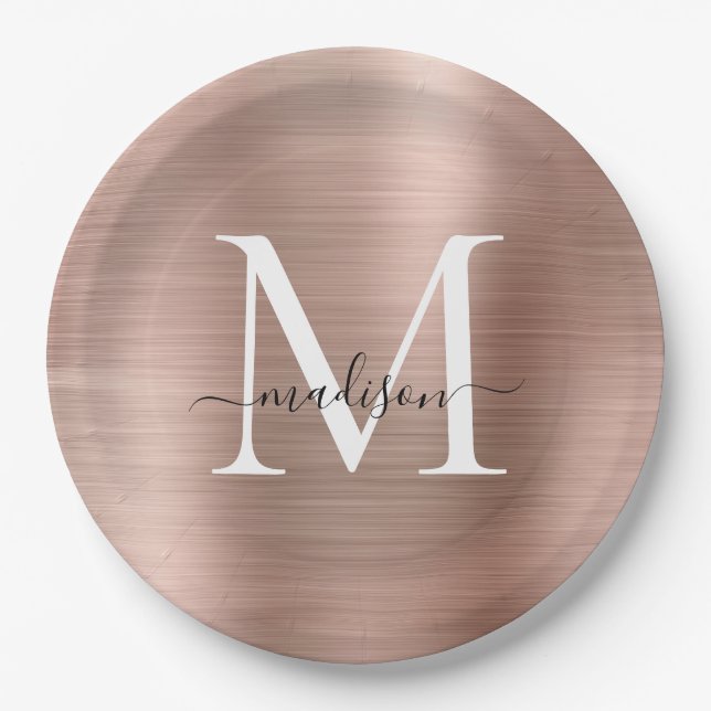 Assiettes En Carton Monogramme or rose Glam métal acier (Devant)