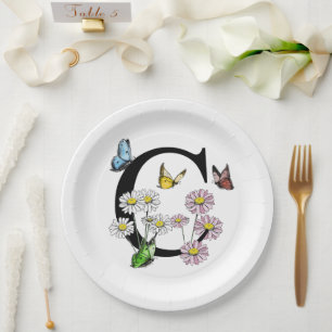 Assiettes En Carton Monogramme papillon floral lettre C