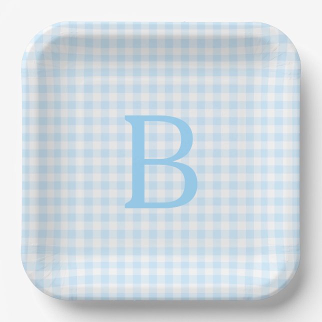 Assiettes En Carton Monogramme Pastel bleu et blanc En vichy (Recto)