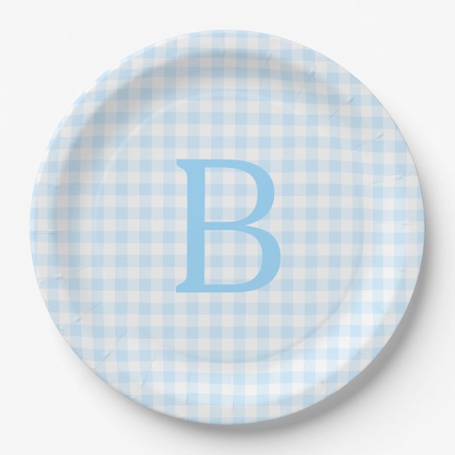Assiettes En Carton Monogramme Pastel bleu et blanc En vichy (Devant)