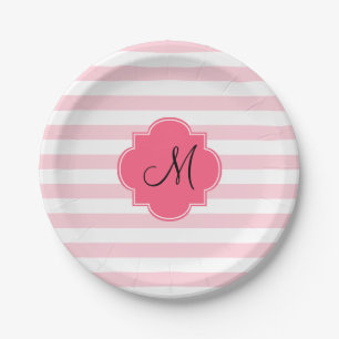 Assiettes En Carton Monogramme Pastel Pink Stripes Patten