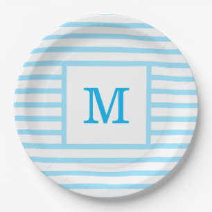 Assiettes En Carton Monogramme personnalisé Bleu et Blancs Bébé