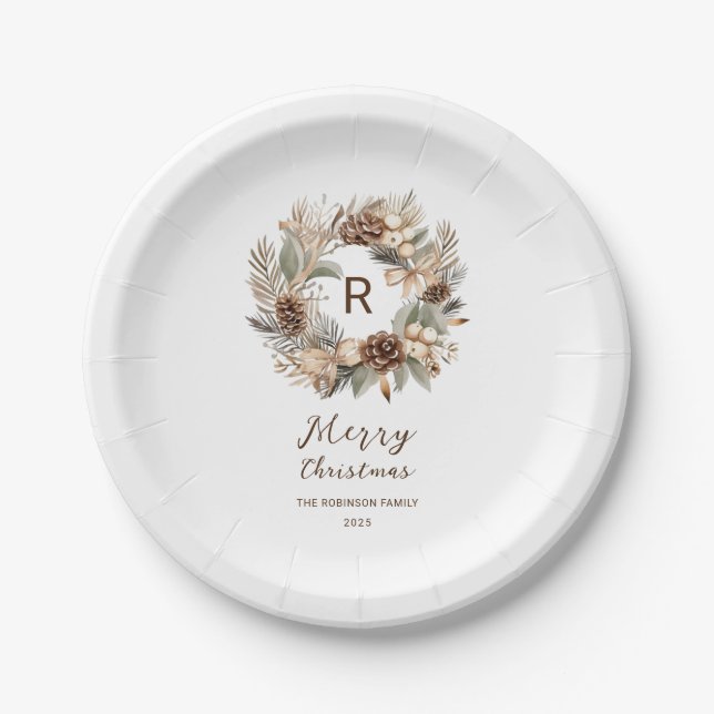 Assiettes En Carton Monogramme Pinecone hiver Wreath Joyeux Noël (Devant)
