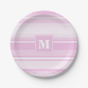 Assiettes En Carton Monogramme rayures rose bébé