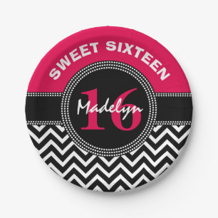 Assiettes En Carton Monogramme rose Chevron de sweet sixteen