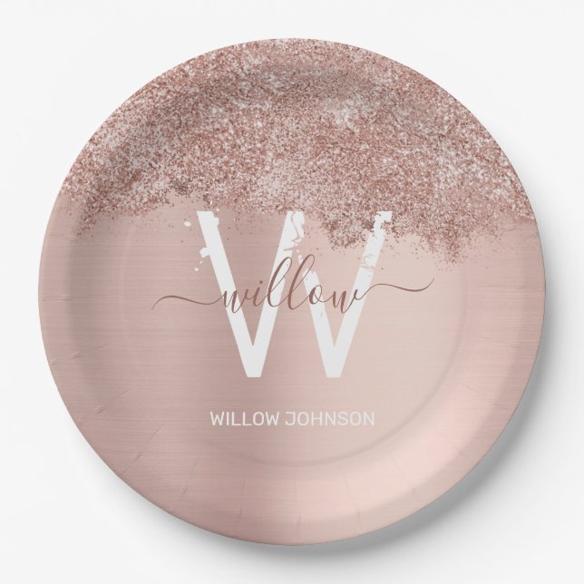 Assiettes En Carton Monogramme rose Gold Blush Rose Girl Parties scint (Devant)