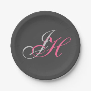 Assiettes En Carton Monogramme rose gris noir Simple