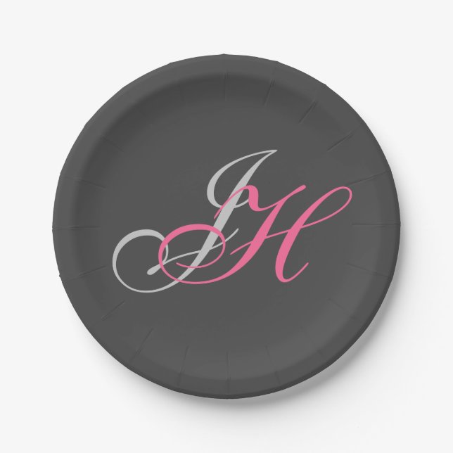 Assiettes En Carton Monogramme rose gris noir Simple (Devant)