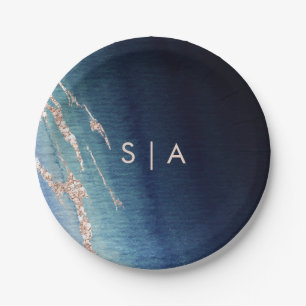 Assiettes En Carton Monogramme Rose or Mariage et agate bleu marine