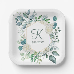 Assiettes En Carton Monogramme Roses blanches Verdure Eucalyptus Maria
