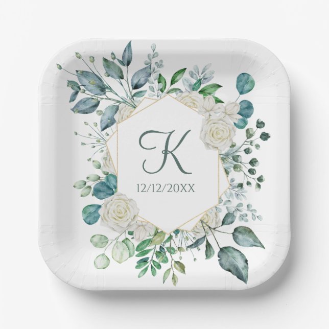 Assiettes En Carton Monogramme Roses blanches Verdure Eucalyptus Maria (Recto)
