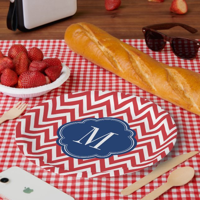 Assiettes En Carton Monogramme rouge blanc et bleu Chevron (Pique-nique)