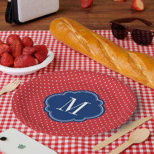Assiettes En Carton Monogramme rouge blanc et bleu Pois