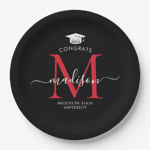 Assiettes En Carton Monogramme rouge noir Diplômé Casquette