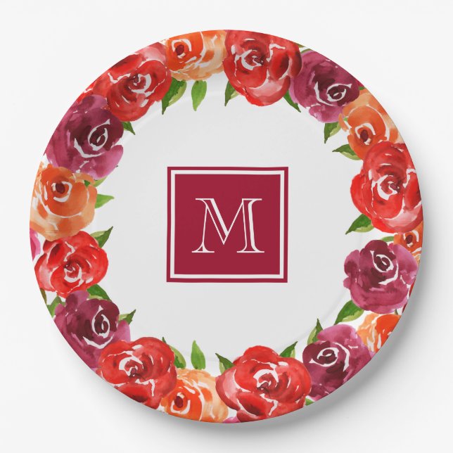 Assiettes En Carton Monogramme Rouge Orange Claret Floral (Devant)