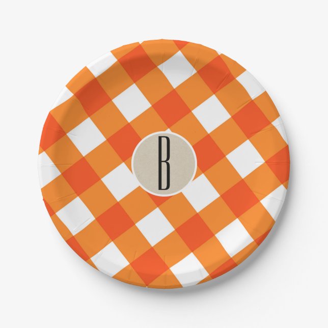 Assiettes En Carton Monogramme rustique Kraft Plaid Blanc orange initi (Devant)