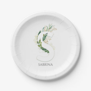 Assiettes En Carton Monogramme S Feuilles de verdure en or Élégant Nom