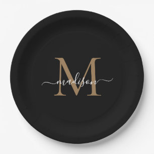 Assiettes En Carton Monogramme simple or et noir Nom de script féminin