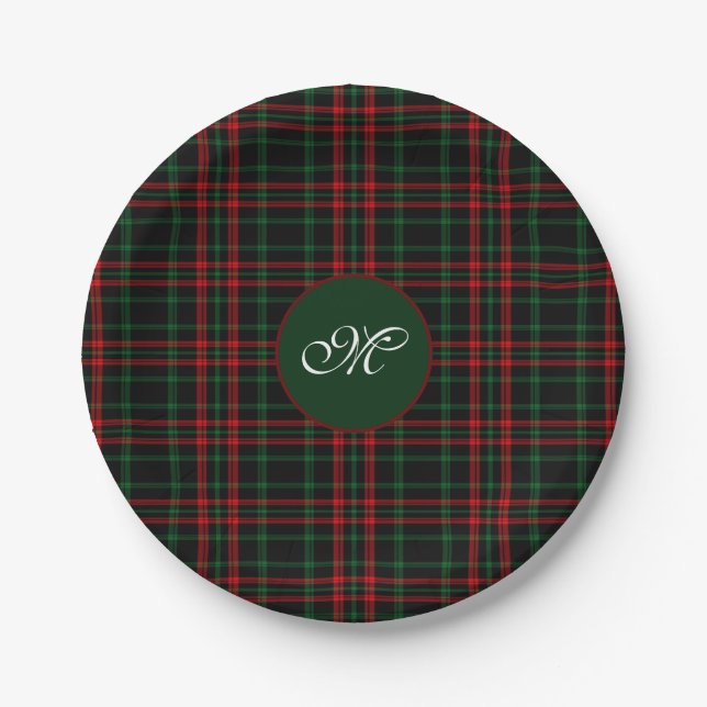 Assiettes En Carton Monogramme Tarte de Noël Plaid Rouge, Vert Noir (Devant)