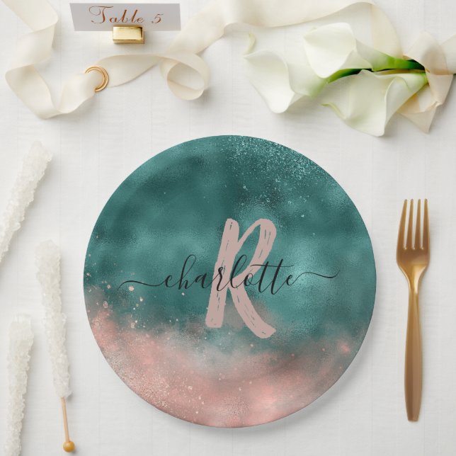 Assiettes En Carton Monogramme Turquoise et doux Pink Ombre Foil (Mariage)