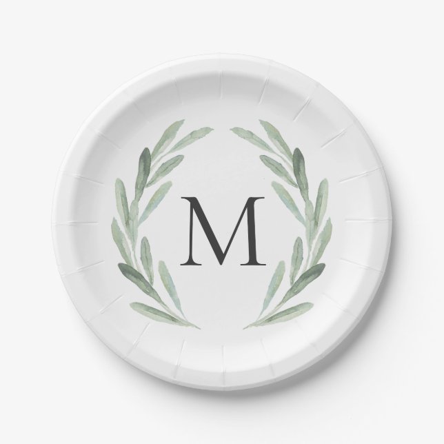 Assiettes En Carton Monogramme vert de guirlande de branche d'olivier (Devant)