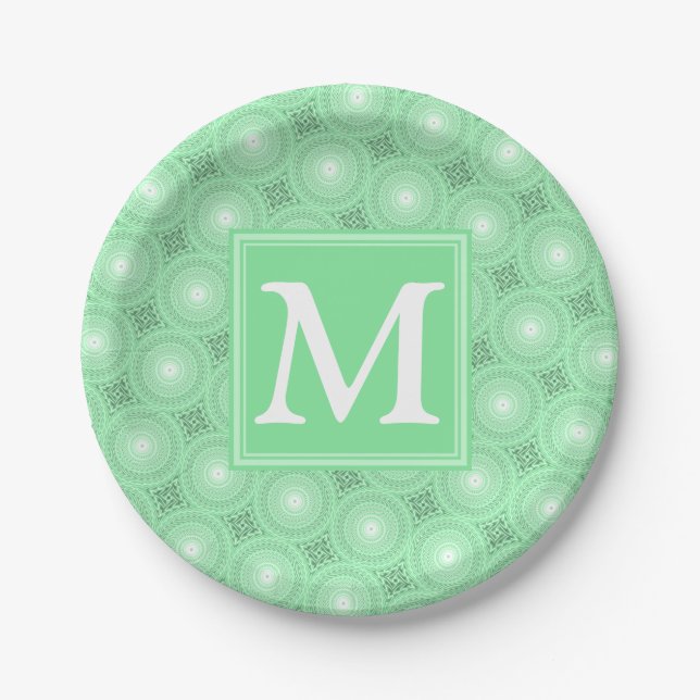 Assiettes En Carton Monogramme vert ressort cercles motif (Devant)