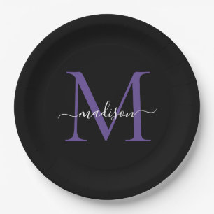 Assiettes En Carton Monogramme Violet Pourpre Noir Écriture Moderne Él