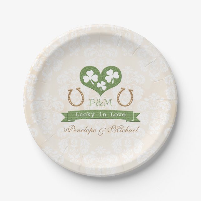 Assiettes En Carton Monogrammed Lucky Horseshoe et Mariage Shamrock (Devant)