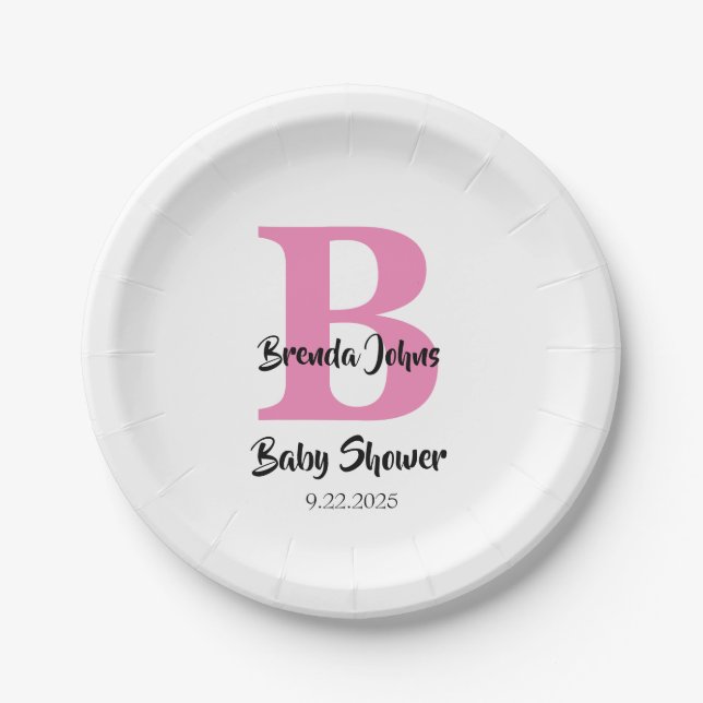 Assiettes En Carton Monogrammes Baby shower rose blanc mignonne Élégan (Devant)