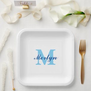 Assiettes En Carton Monogrammes Bleu Anniversaire Baby showers Élégant