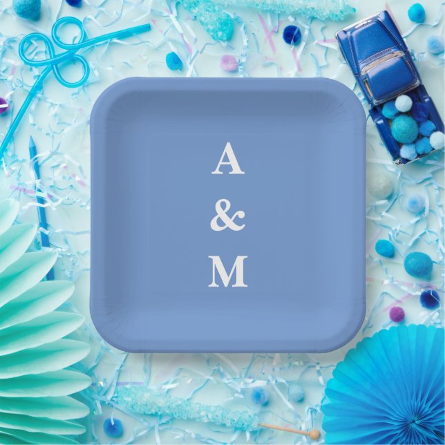 Assiettes En Carton Monogrammes Bleu Barbeau Élégants Mariage (Fête)