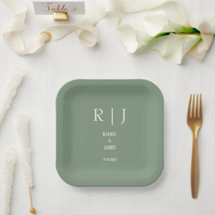 Assiettes En Carton Monogrammes Vert Sauge Tendance Élégant Mariage Mo
