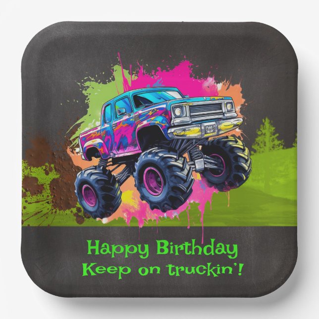Assiettes En Carton Monster Truck Neon Boy fête d'anniversaire (Recto)
