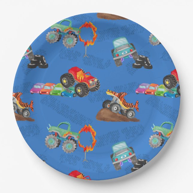 Assiettes En Carton Monster Truck Stunts Aquarelle Motif bleu (Devant)
