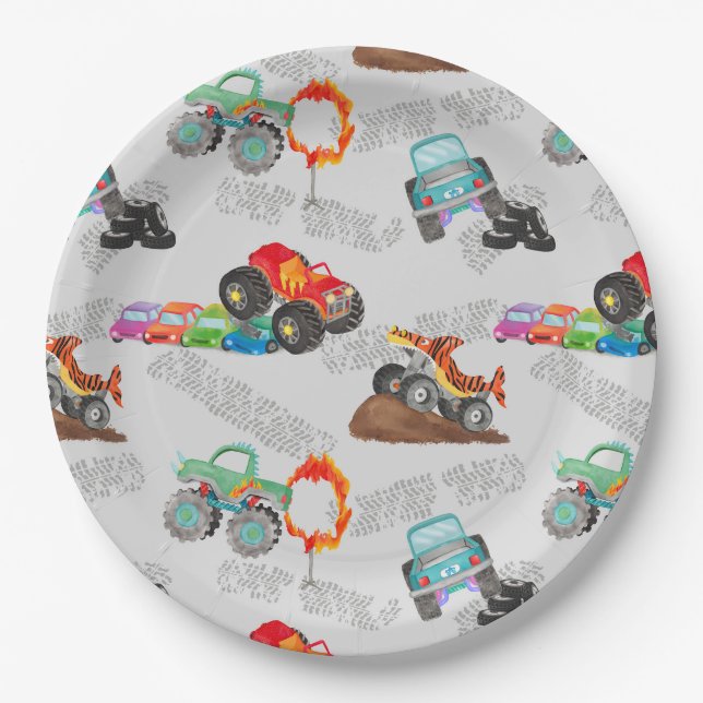 Assiettes En Carton Monster Truck Stunts Aquarelle Motif gris (Devant)