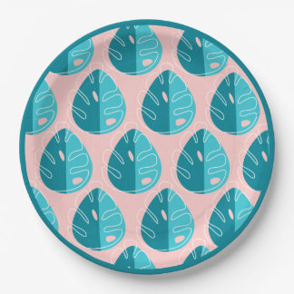 Assiettes En Carton Monstera Leaves - Blue and Pink