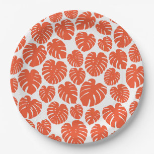 Assiettes En Carton Monstera - Orange et blanc