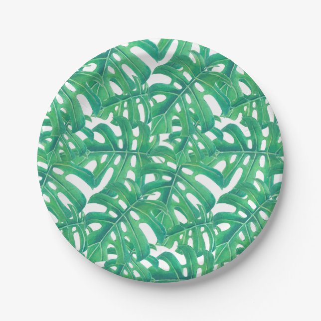 Assiettes En Carton Monstère verte tropicale feuille motif (Devant)