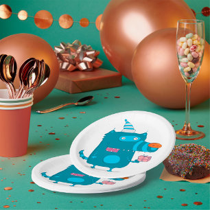 Assiettes En Carton Monstre de dessin animé bleu avec Casquette de fêt