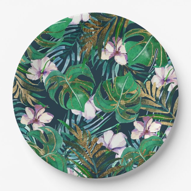 Assiettes En Carton Monstre d'or Tropical Green Lilac Feuilles Floral (Devant)