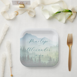 Assiettes En Carton Montagnes de Teal Aquarelle Tranquilles