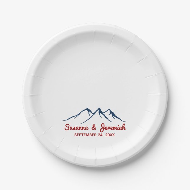 Assiettes En Carton Montagnes rustiques en Bleu et Rouge Réception de  (Devant)