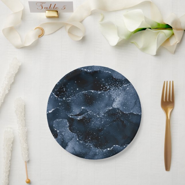 Assiettes En Carton Moody Agate | Marine Denim Steel Blue Faux Parties (Mariage)