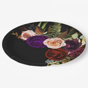 Assiettes En Carton Moody Dark Floral Greenery Bold Color Chic Mariage