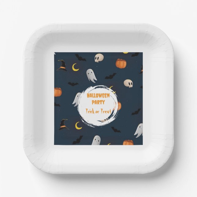 Assiettes En Carton Moon Bat Dark Blue Halloween Party mignonne (Recto)